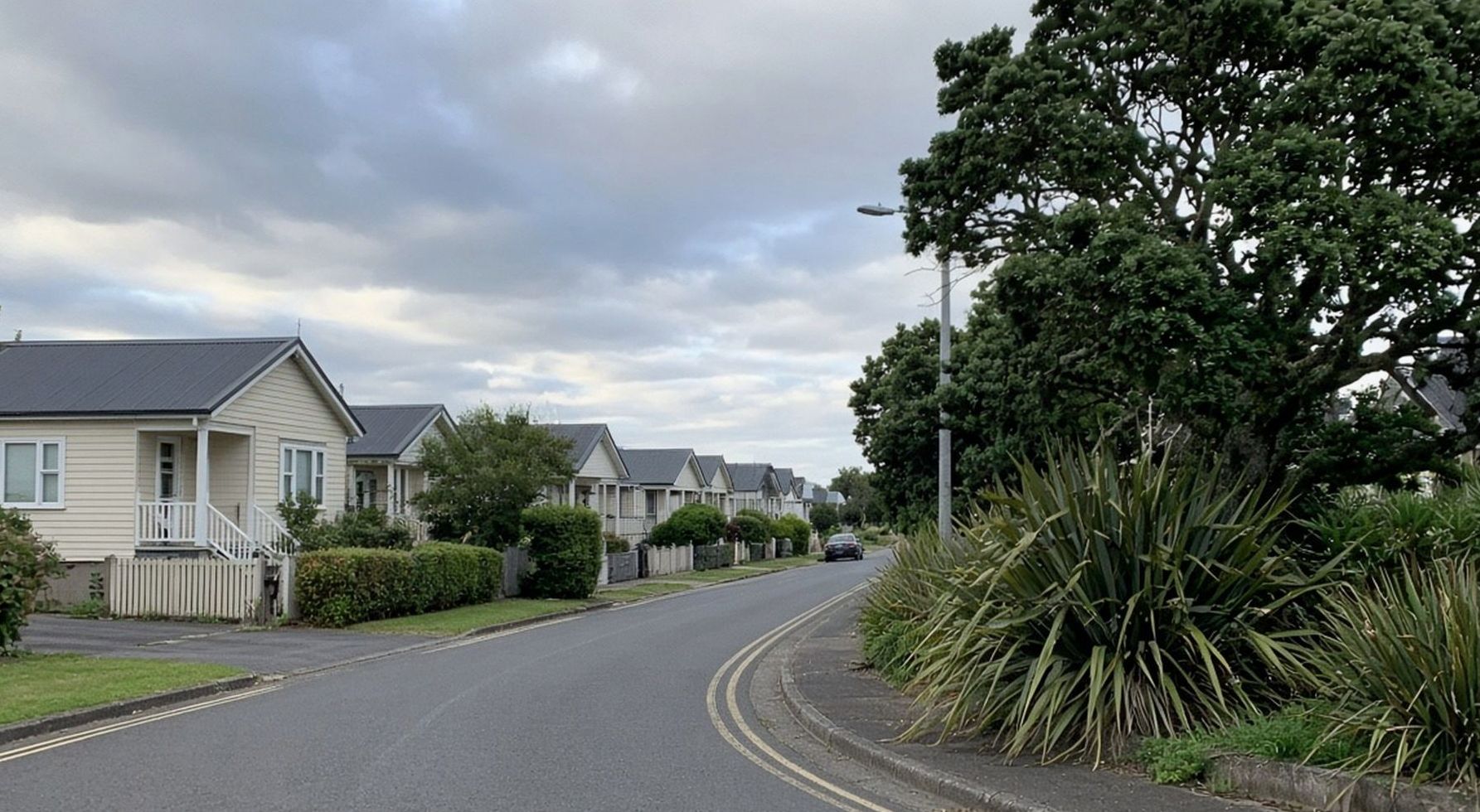 Cobham Crescent curving past weatherboard houses and a pohutukawa