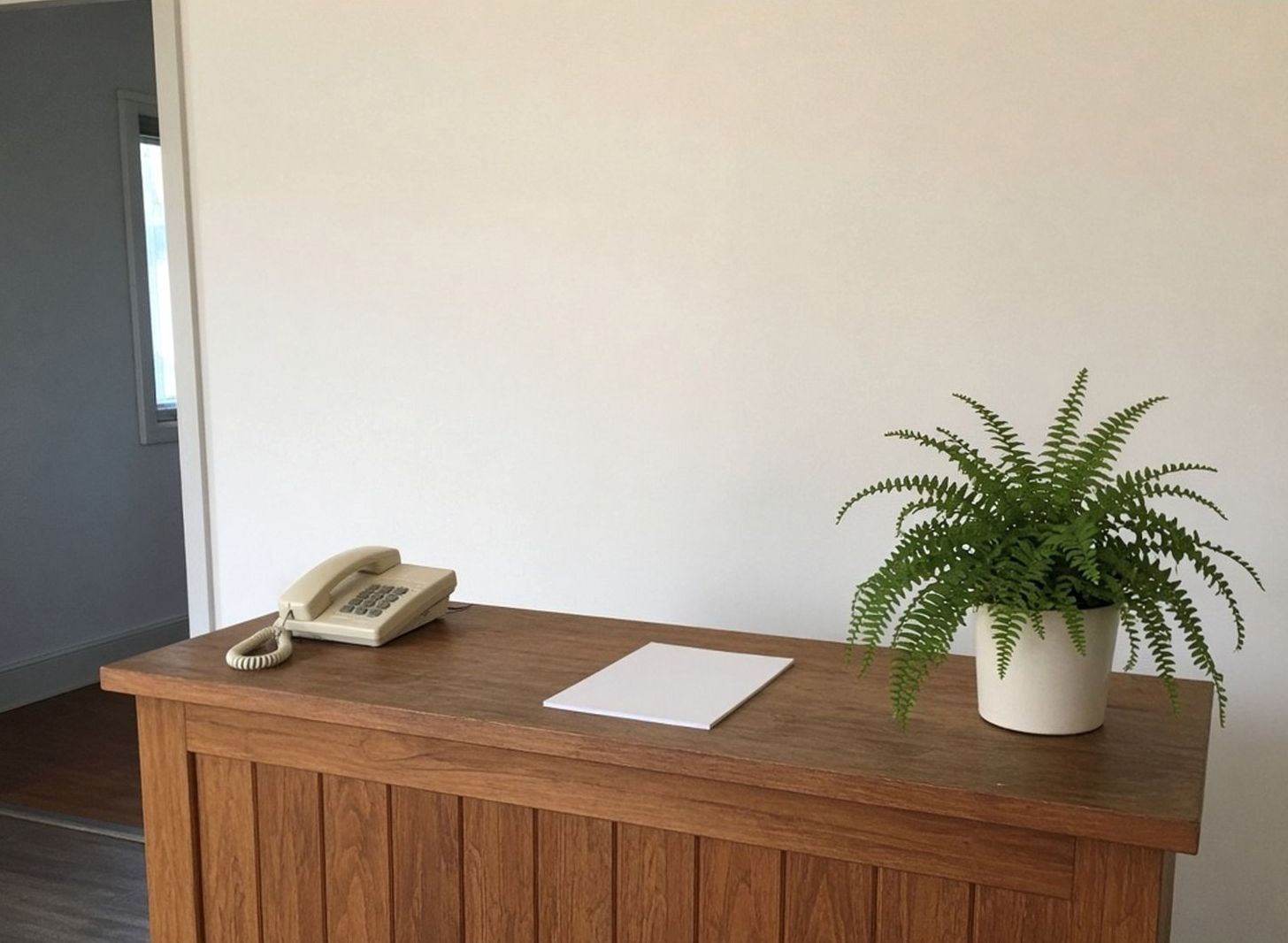 Timber reception desk with a beige landline and a fern