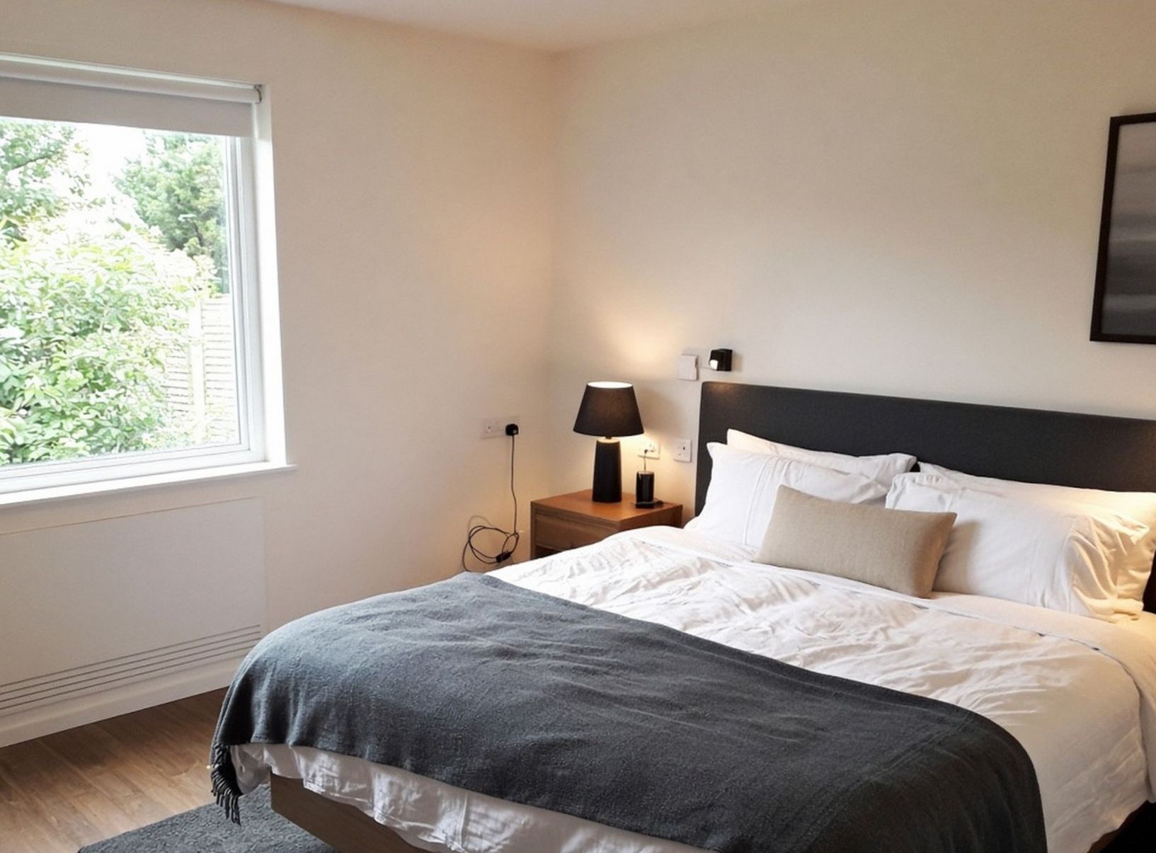 Hotel bedroom with a slate throw, cream walls and a window