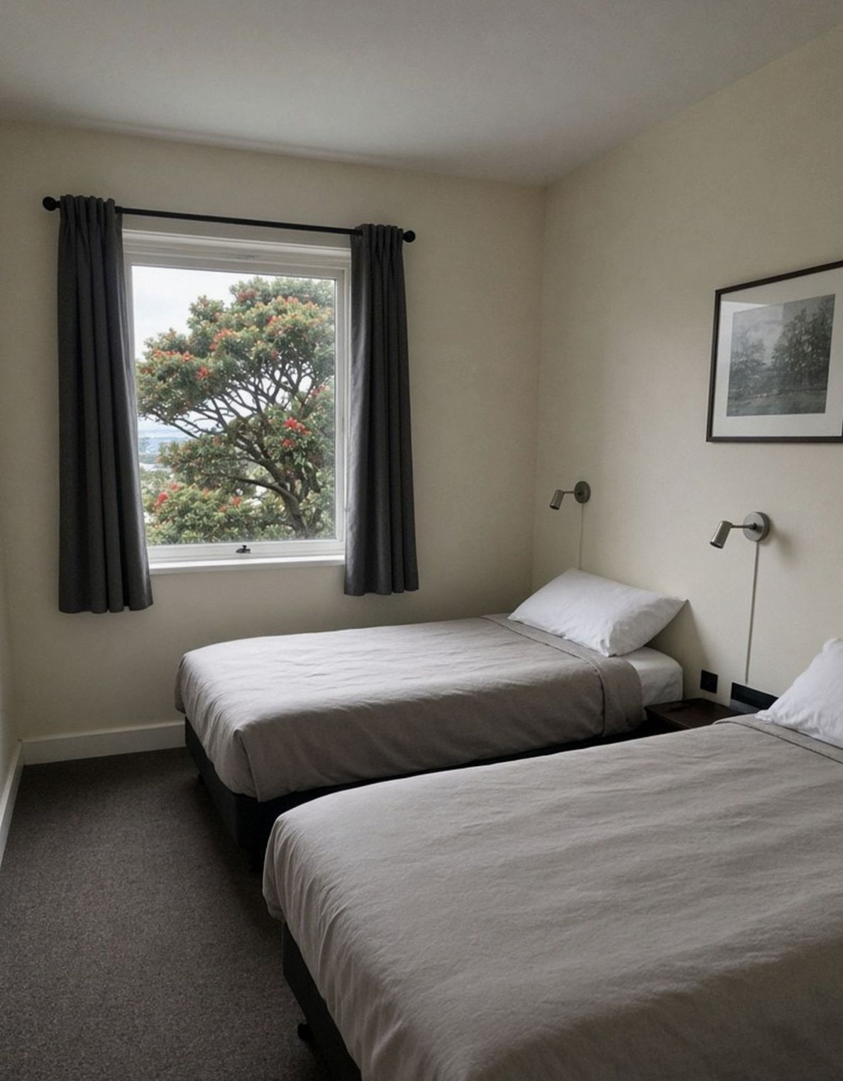 Two single beds with plain covers in a Kelston hotel room