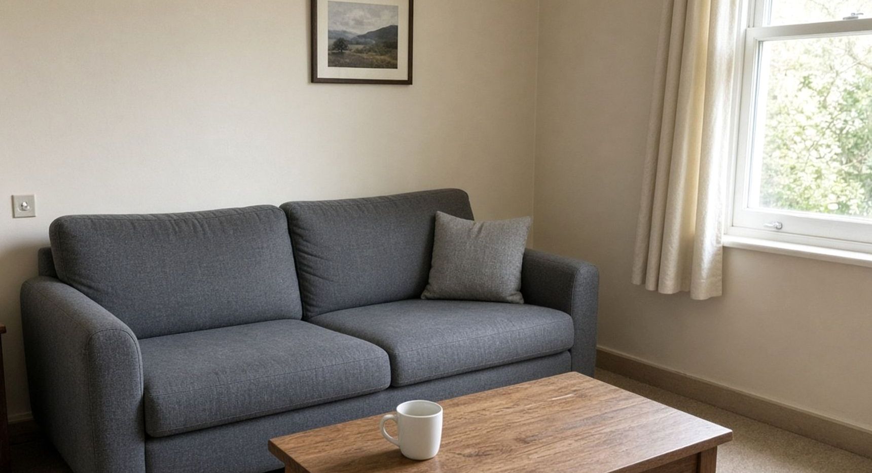 Small sitting room with a slate sofa and a timber table